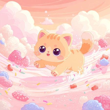 Cute cartoon cat on the pink background with clouds. Vector illustration.の素材
