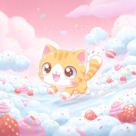 Cute cat in the sky with clouds. Kawaii cartoon illustration.の素材