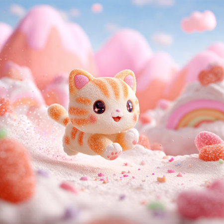Cute cat on the background of pink and white cakes with sprinklesの素材
