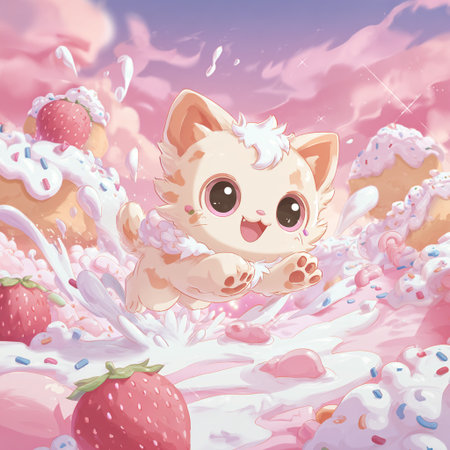Cute cartoon cat on a background of milk. Vector illustration.の素材