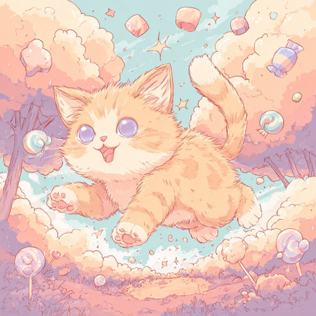 Cute kitten in the sky with clouds. Vector illustration for your designの素材