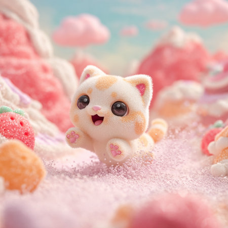 Cute soft toy cat on the background of sweet marshmallowsの素材