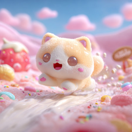 Kawaii bear doll with colorful sprinkles on pink background.の素材