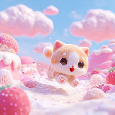 Cute cat in milk on a background of pink and white cloudsの素材