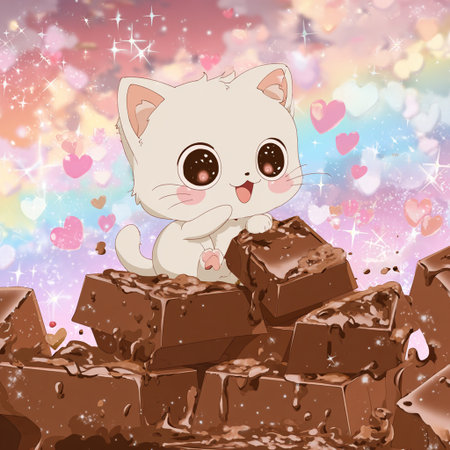 Cute white cat sitting on a pile of chocolate. Vector illustration.の素材