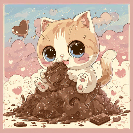 Cute cartoon cat sitting on the heap of chocolate. Vector illustration.の素材