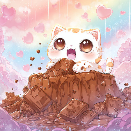 Cute cartoon cat sitting on a mound of chocolate. Vector illustration.の素材