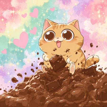 Cute cat sitting on the ground with chocolate. Vector illustration.の素材