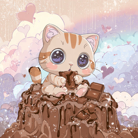 Cute cartoon cat sitting on the top of a cake with chocolateの素材
