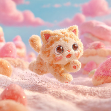 Cute little toy cat on the background of pink clouds. Soft focus.の素材