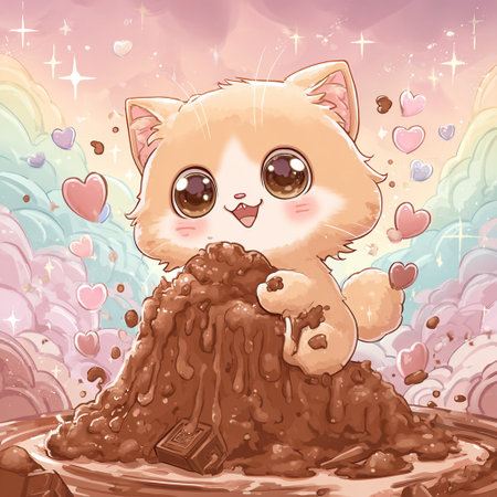 Illustration of a Cute Cartoon Kitten with Chocolate and Heartsの素材