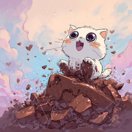 Illustration of a cute cat sitting on a pile of stones.の素材