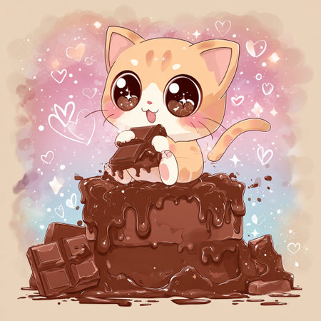 Cute little kitten with chocolate cake. Vector illustration of a cute kitten.の素材