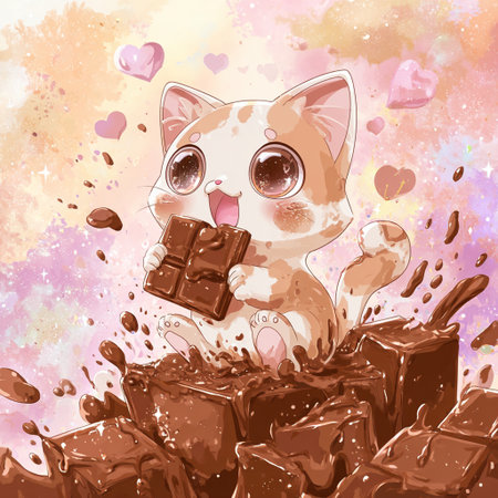 Cute cartoon cat with chocolate and hearts on a watercolor backgroundの素材