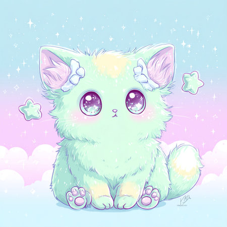 Cute cartoon cat with big eyes sitting on the background of clouds and starsの素材