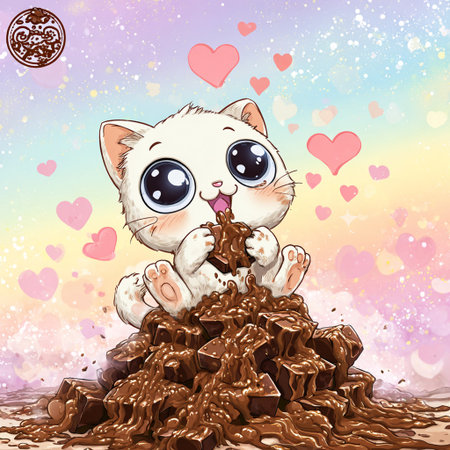 Cute cartoon cat sitting on a mound of chocolate. Vector illustration.の素材