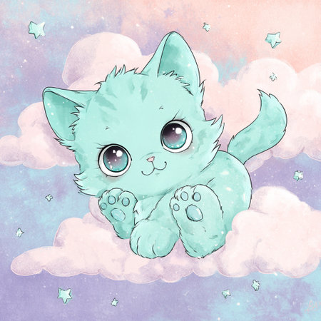 Cute blue cat on a background of the sky with clouds and starsの素材