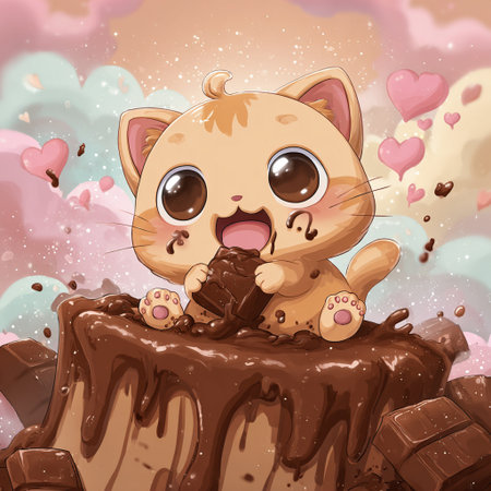 cartoon scene with cat eating chocolate on the cake illustration for childrenの素材