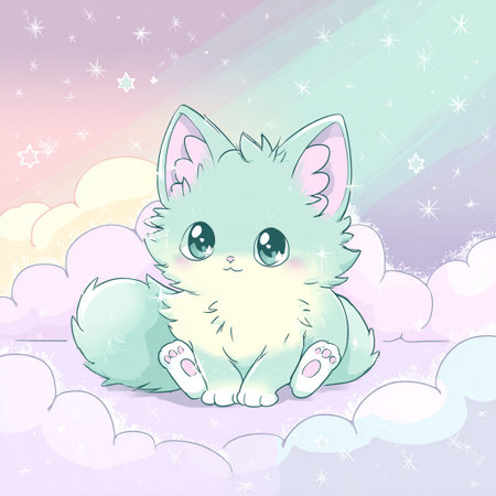 Cute little kitten sitting on a cloud in the sky with starsの素材