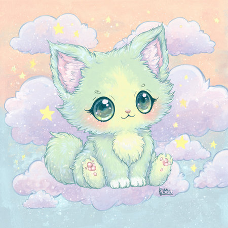 Cute cartoon kitten sitting on the clouds. Hand drawn illustration.の素材