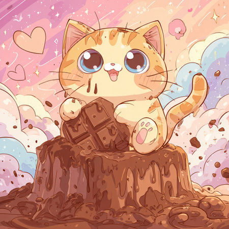 Vector illustration of a cute cartoon cat sitting on a stump with chocolateの素材