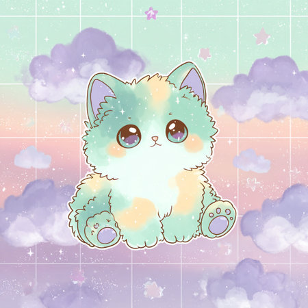 Cute kawaii cat on colorful background with clouds. Vector illustration.の素材