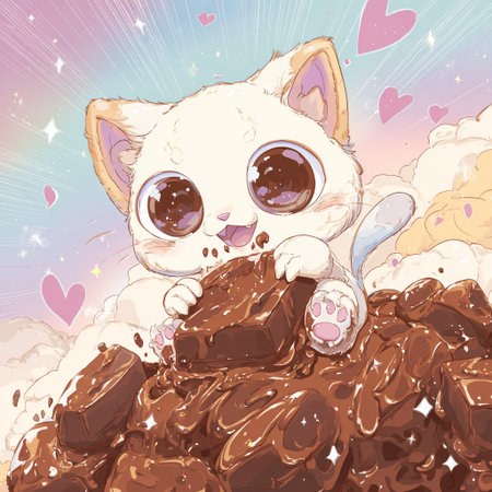 Cute cartoon cat with big eyes sitting on a pile of chocolate.の素材
