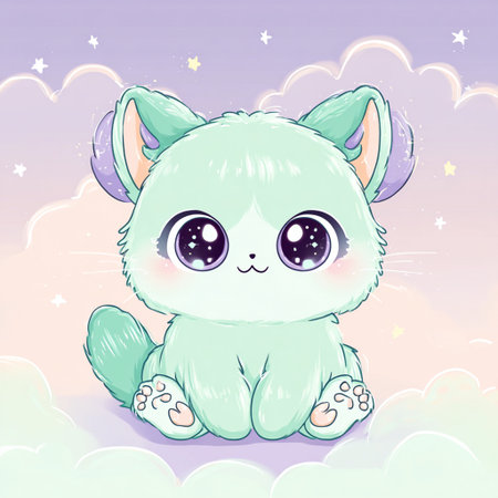 Cute cartoon kawaii cat sitting on the clouds. Vector illustration.の素材