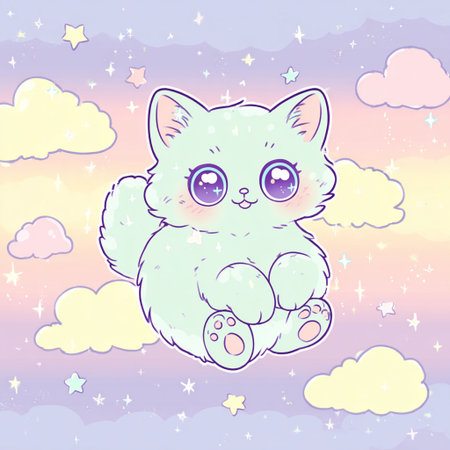 Cute cartoon cat sitting on the cloud with starry sky background. Vector illustration.の素材
