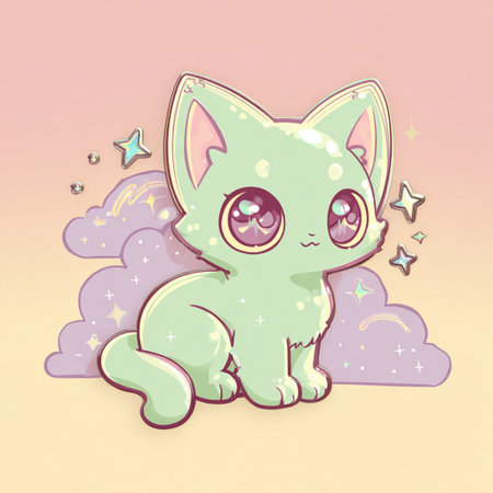 Cute cartoon cat sitting on a cloud with stars. Vector illustration.の素材