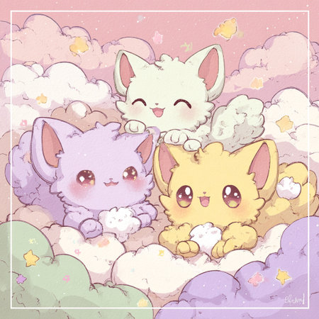 Cute kawaii cat, dog and sheep in the cloudsの素材