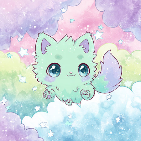 Cute kawaii cat on the background of clouds and starsの素材