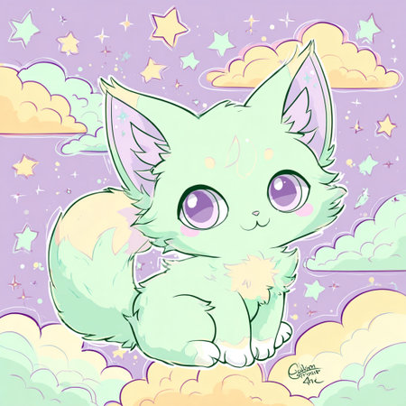 Cute cartoon fox sitting on the background of the night sky with cloudsの素材