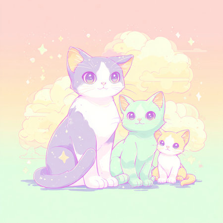 Vector illustration of a cute cat family with two kittens in the cloudsの素材