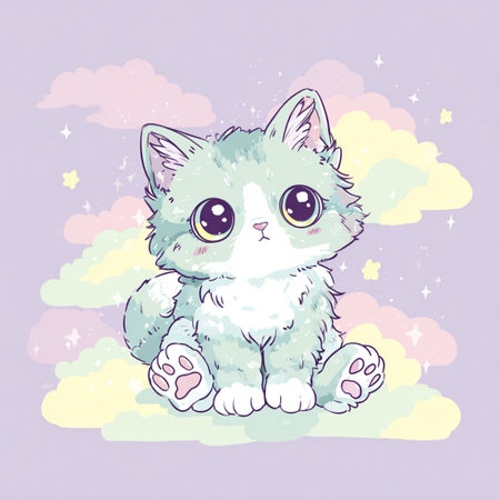 Cute kitten sitting on the cloud. Hand drawn vector illustration.の素材