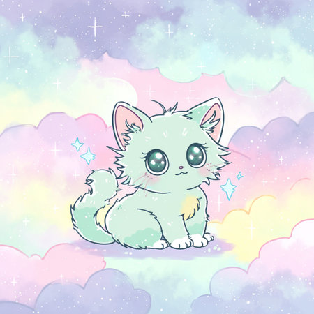 Cute cartoon cat on a background of clouds and stars. Vector illustration.の素材