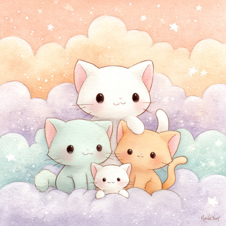 Cute kawaii cats in the clouds. Watercolor illustration.の素材