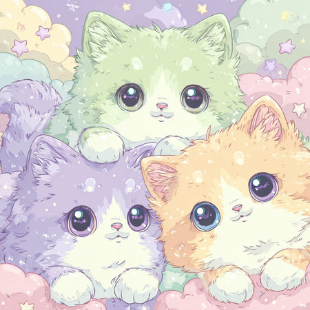 Cute cartoon cats on the background of clouds, stars and flowersの素材