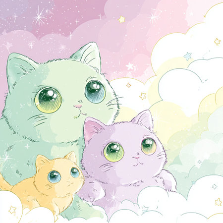 Vector illustration of cute cats on the background of clouds and stars.の素材