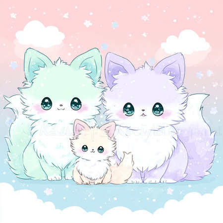 Cute cartoon cat and kitten on pastel background. Vector illustrationの素材