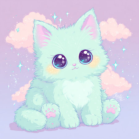 Cute cartoon cat sitting on the background of clouds and stars.の素材