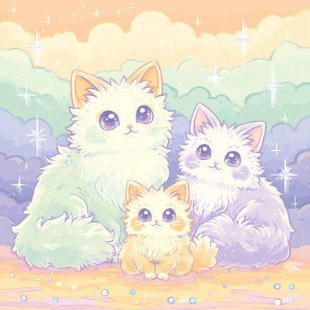 Illustration of three cats sitting in the sky with stars and cloudsの素材