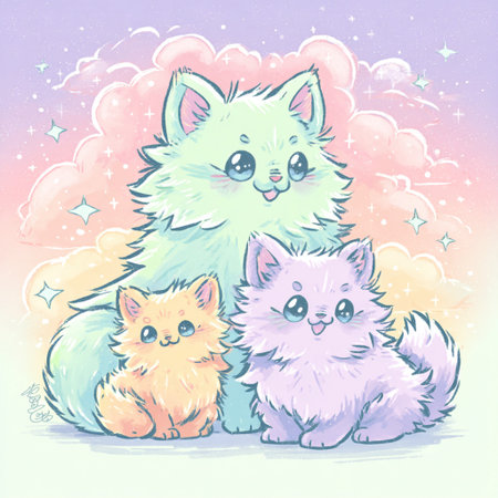 Cute cat and kitten sitting on the clouds. Vector illustration.の素材