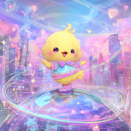 Cute little chicken in a pink dress on the background of the cityの素材