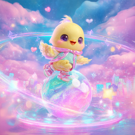 Cute little chick with a pink scarf on the background of the planet.の素材
