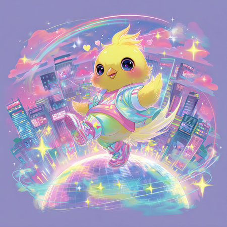 Illustration of a little chicken on the background of the night cityの素材