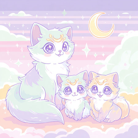 Cute kittens sitting on the background of the moon and stars.の素材