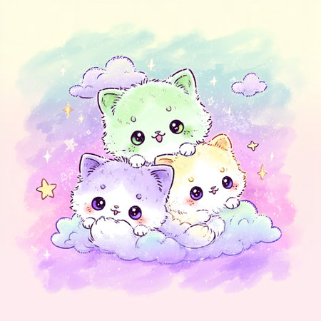Cute kawaii cats on a cloud. Vector illustration.の素材