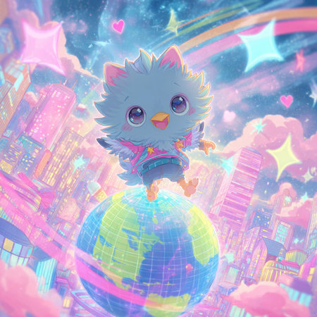 Cute owl on the globe in the night city. illustration.の素材