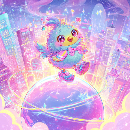 Cute cartoon owl on the planet in the night city. Vector illustration.の素材